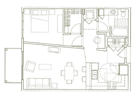 Floor plan for 1 bed, 1 bath, 746 sqft